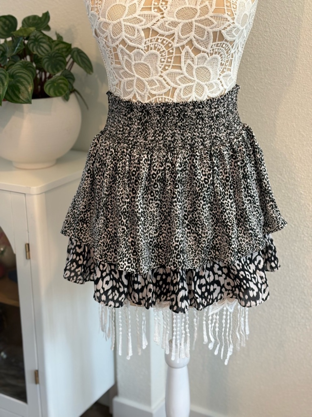 Ramy Brook Silk Ruffle Tiered Leopard Print Smocked Waist Skirt- size M